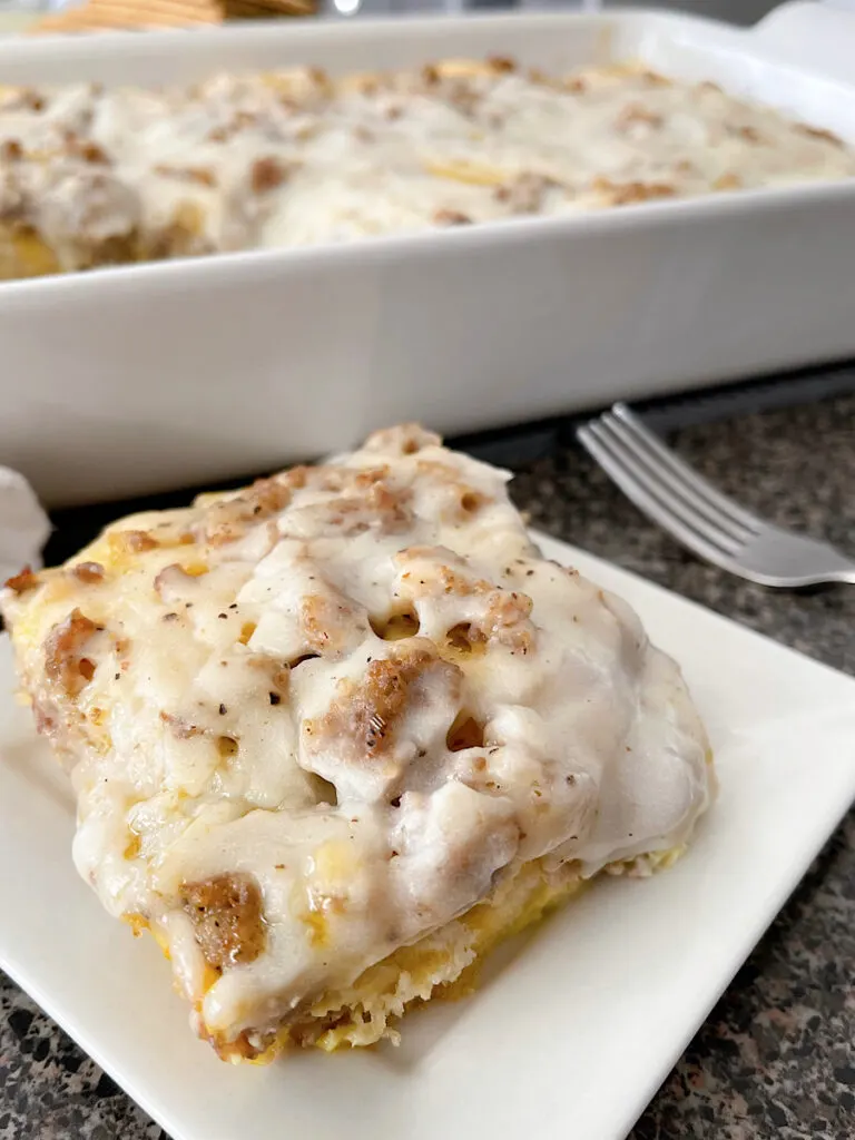 Biscuits and gravy casserole on a plate.
