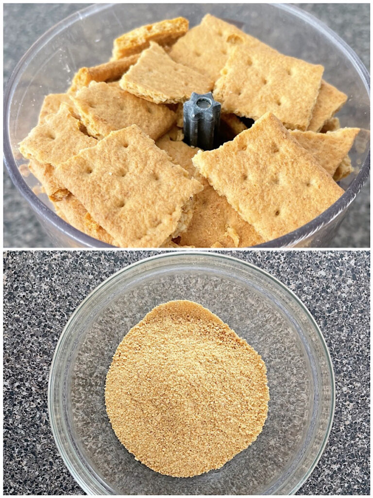 A collage with two photos showing graham crackers in a food processor and in a glass bowl.