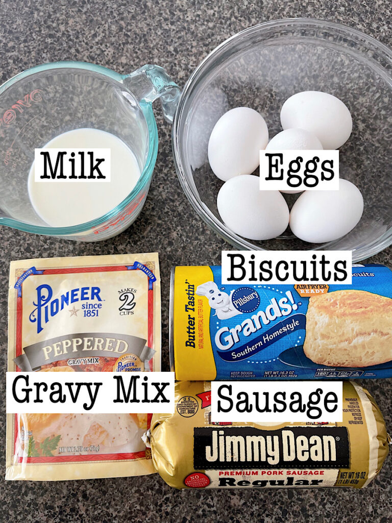 Ingredients to make TikTok Biscuits and Gravy Casserole.