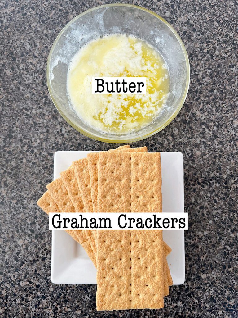 Ingredients to make a graham cracker crust for a no bake cheesecake.
