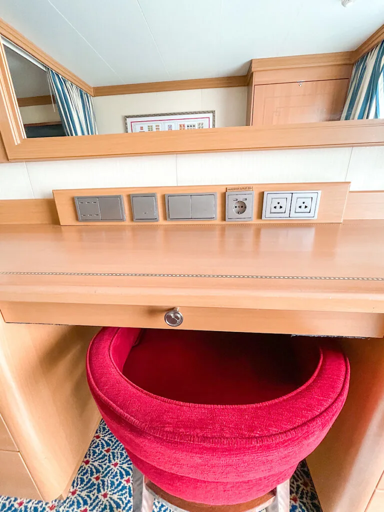 Plugs and USB ports inside stateroom 9504 on the Disney Dream.