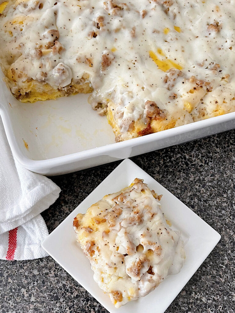 Biscuits and gravy casserole on a plate.