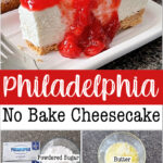 Philadelphia No Bake Cheesecake topped with strawberry sauce.