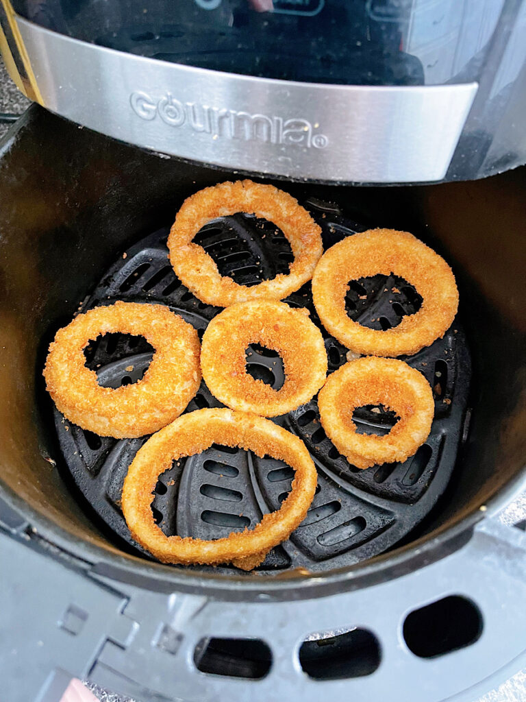 Frozen Red Robin onion rings in an air fryer.