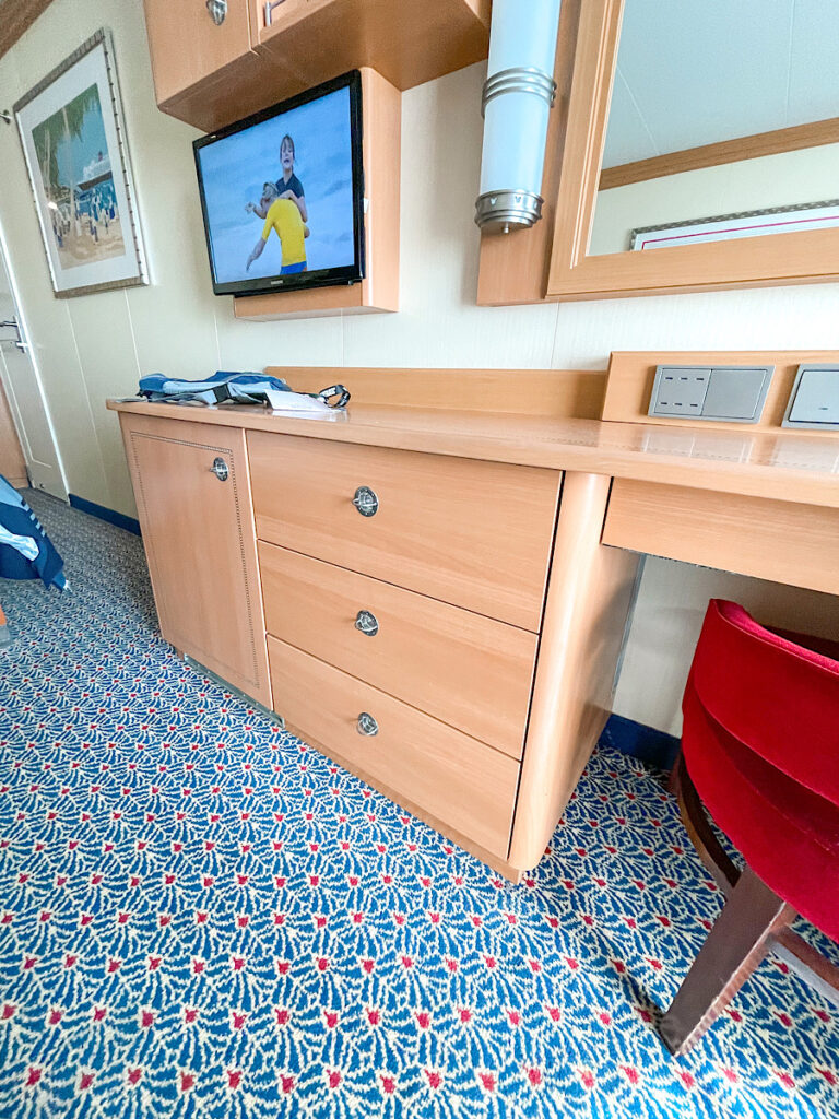 Drawers and tv in Disney Dream stateroom 9503.
