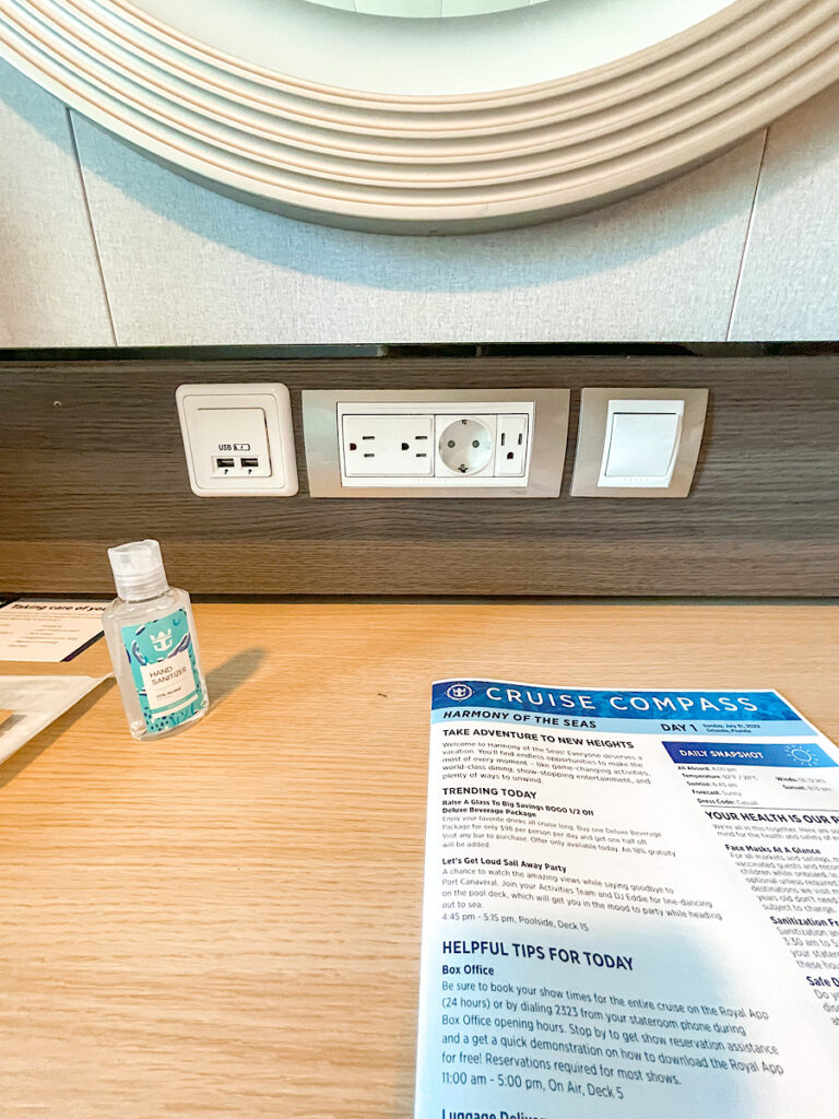 Outlets and USB ports in statroom 7666 of Royal Caribbean's Harmony of the Seas.