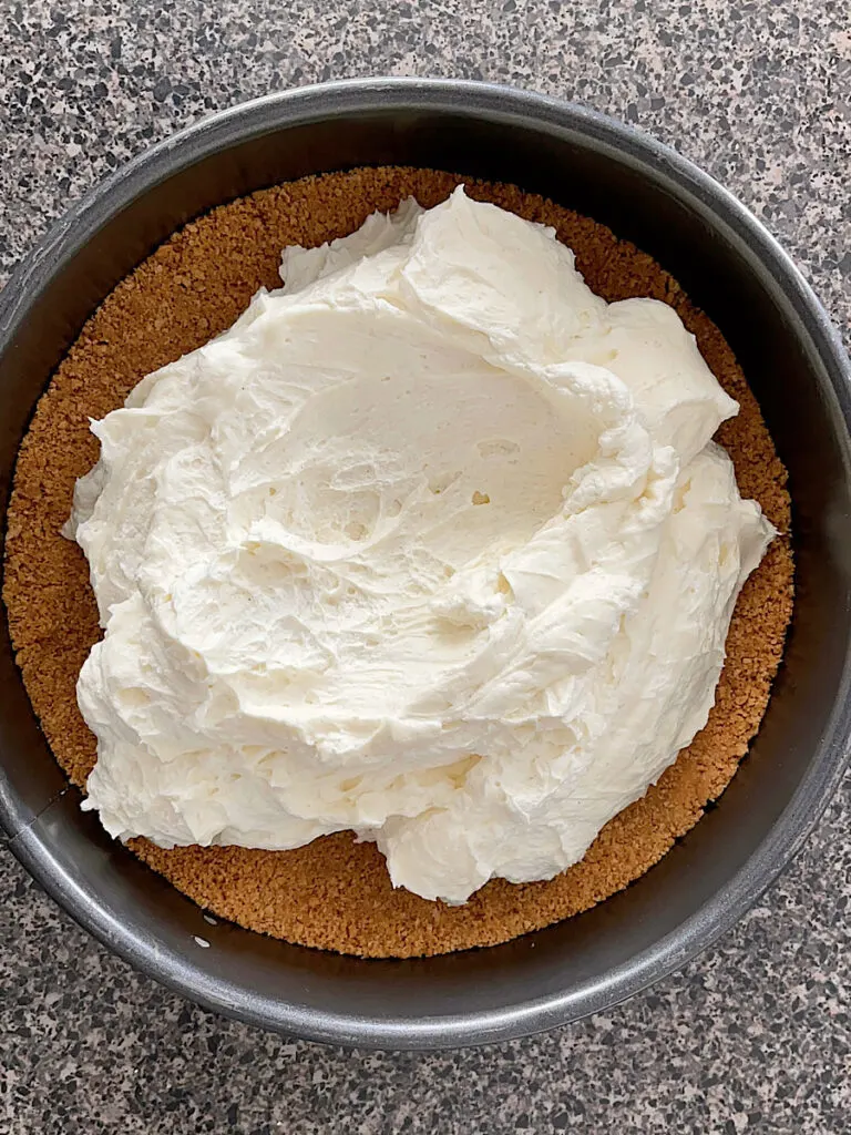 No bake cheesecake filling in a springform pan with a graham cracker crust.