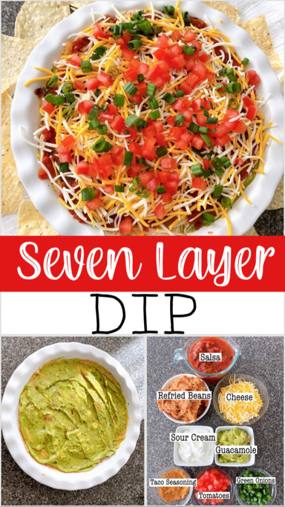 A collage of pictures of easy Seven Layer Bean Dip.