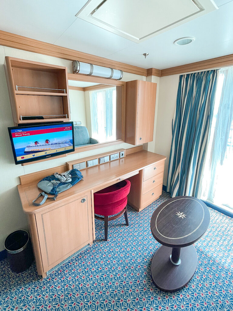 Desk and tv in stateroom 9524 on the Disney Dream.