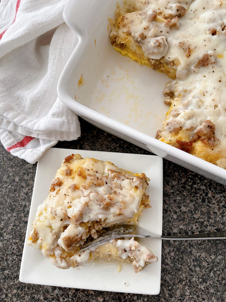 Biscuits and gravy casserole on a plate.