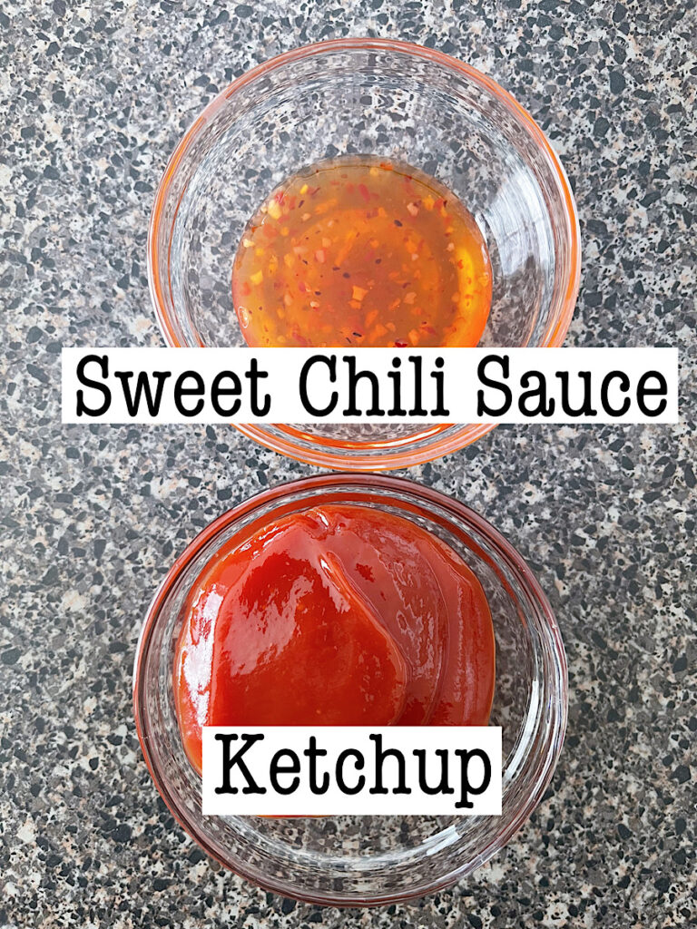 A bowl of sweet chili sauce and and bowl of ketchup to make spicy ketchup.