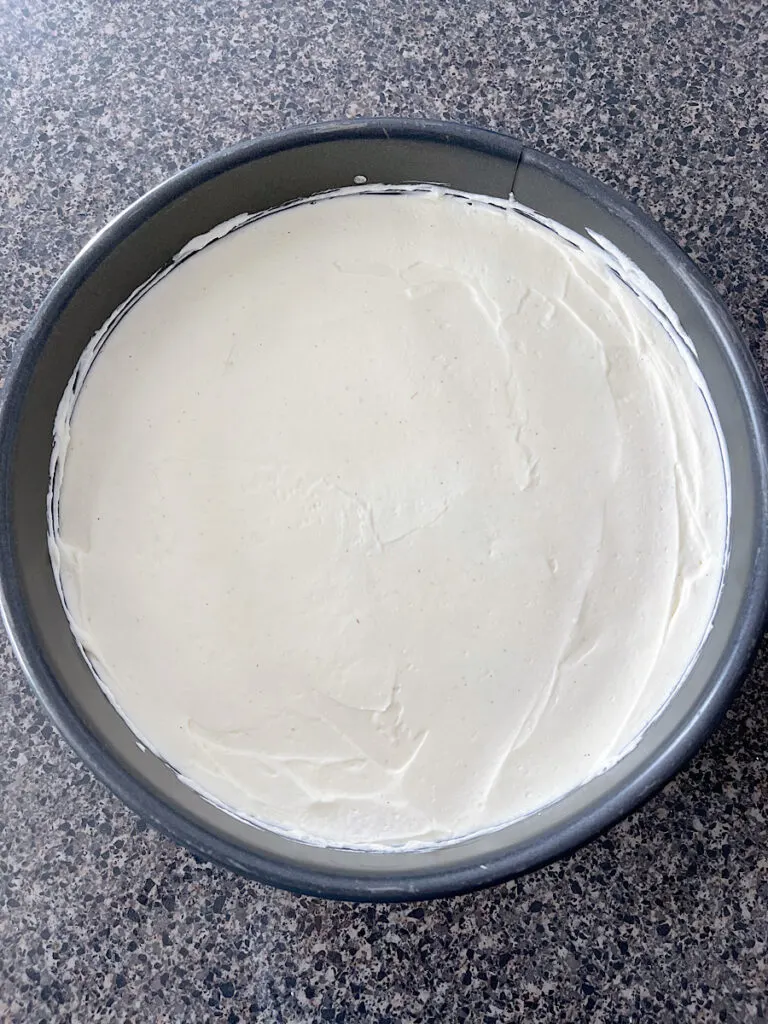 A Philadelphia no bake cheesecake in a springform pan.