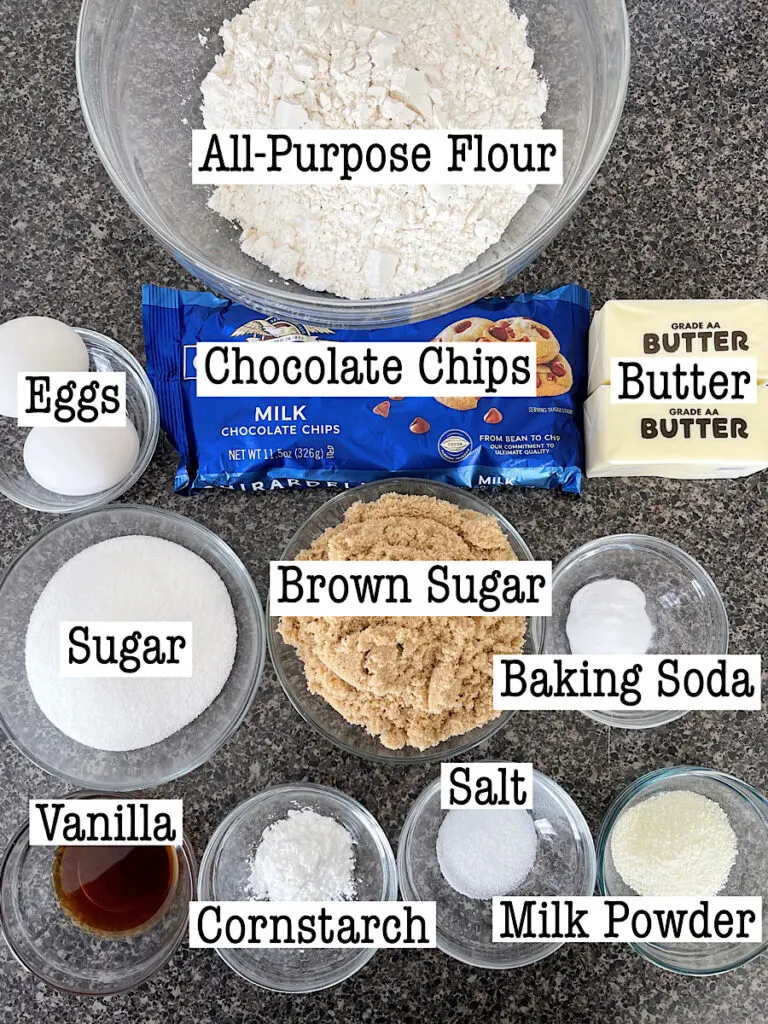 Ingredients for copycat chocolate chip crumbl cookies.
