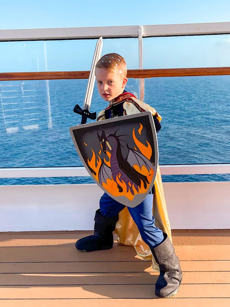 A boy dressed as a Knight from the Bibbidi Bobbidi Boutique on a Disney Cruise.