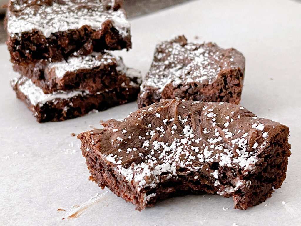 Brownies made from a cake mix topped with powdered sugar.