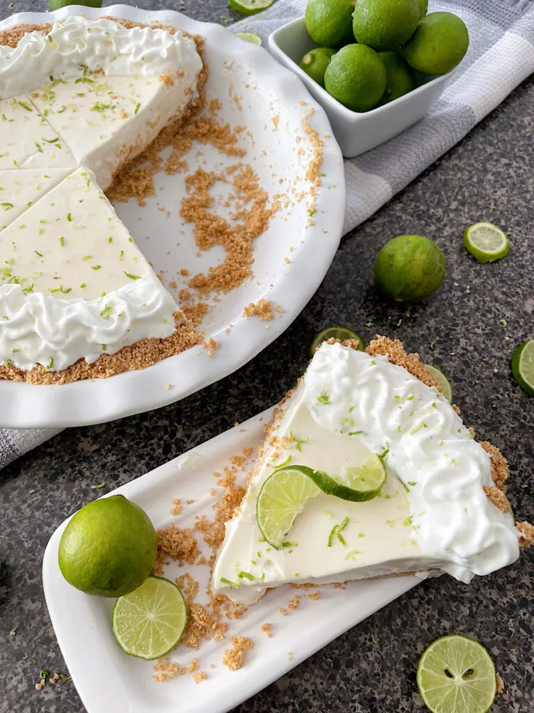 A slice of no bake Key Lime Pie made with Eagle Brand sweetened condensed milk.