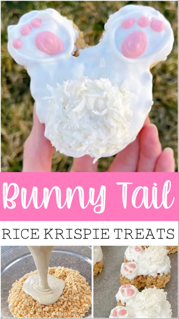 Picture collage of how to make bunny tail Easter rice Krispie Treats.