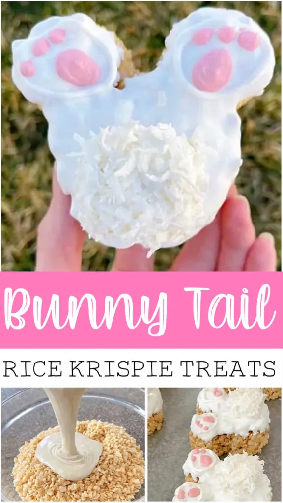 Picture collage of how to make bunny tail Easter rice Krispie Treats.