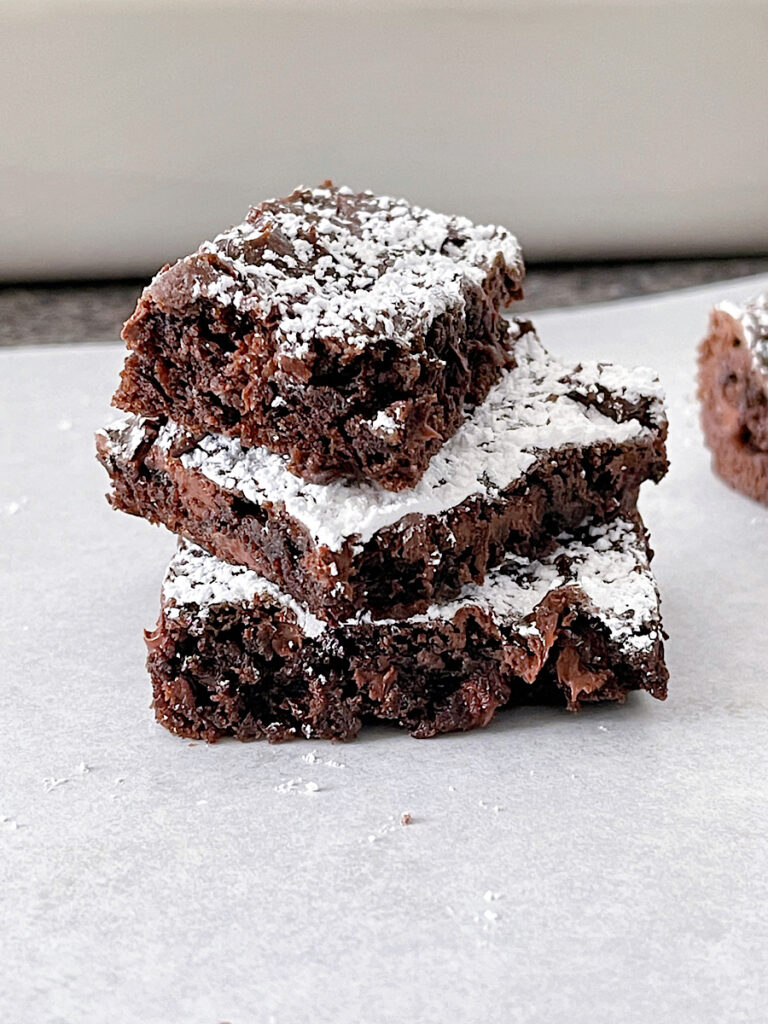 Brownies made from a cake mix topped with powdered sugar.