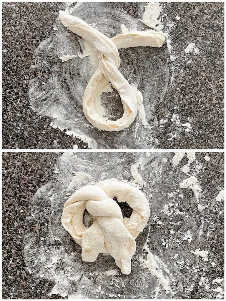 Pictures showing how to shape a soft pretzel.