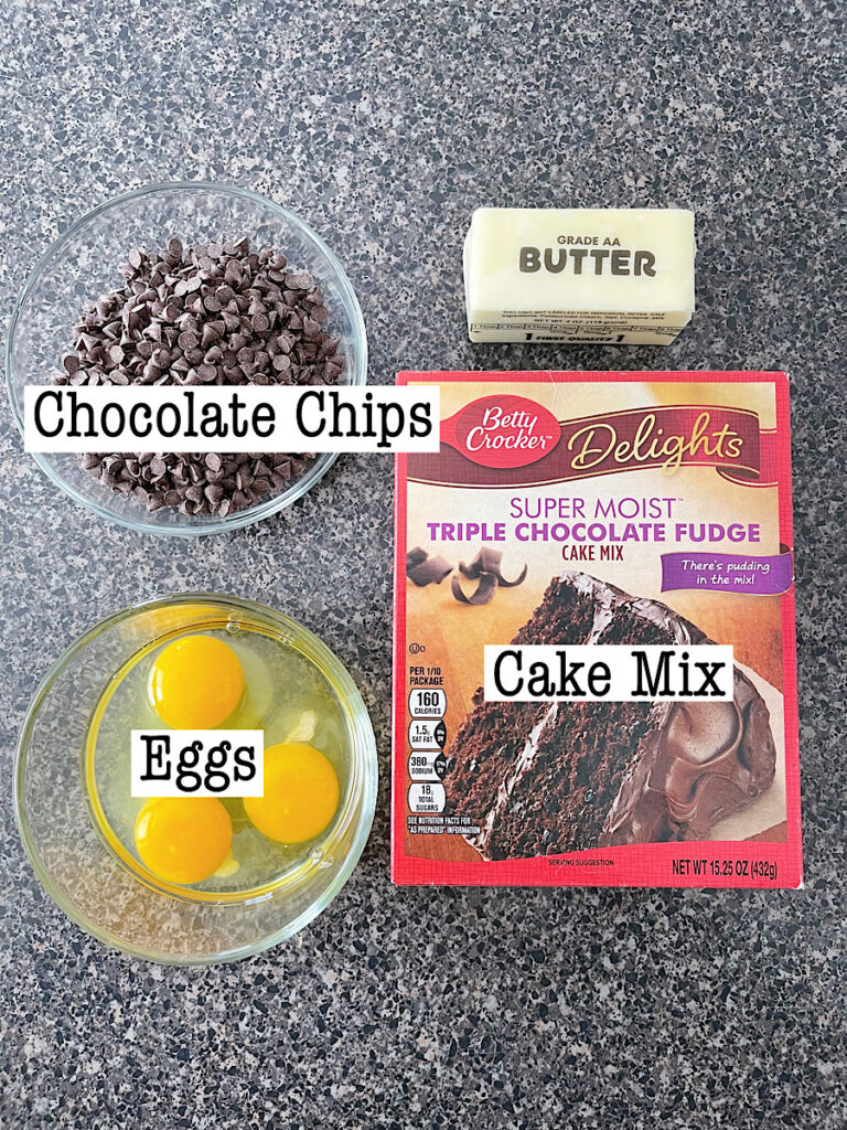 Ingredients to make brownies with a cake mix.