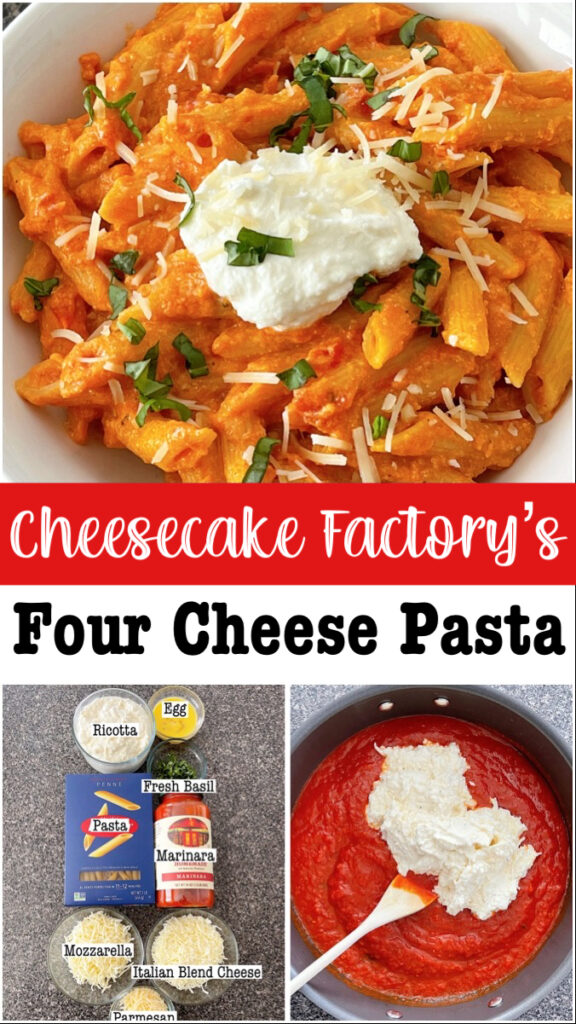 A bowl of homemade Cheesecake Factory Four Cheese Pasta topped with ricotta cheese and chopped fresh basil.