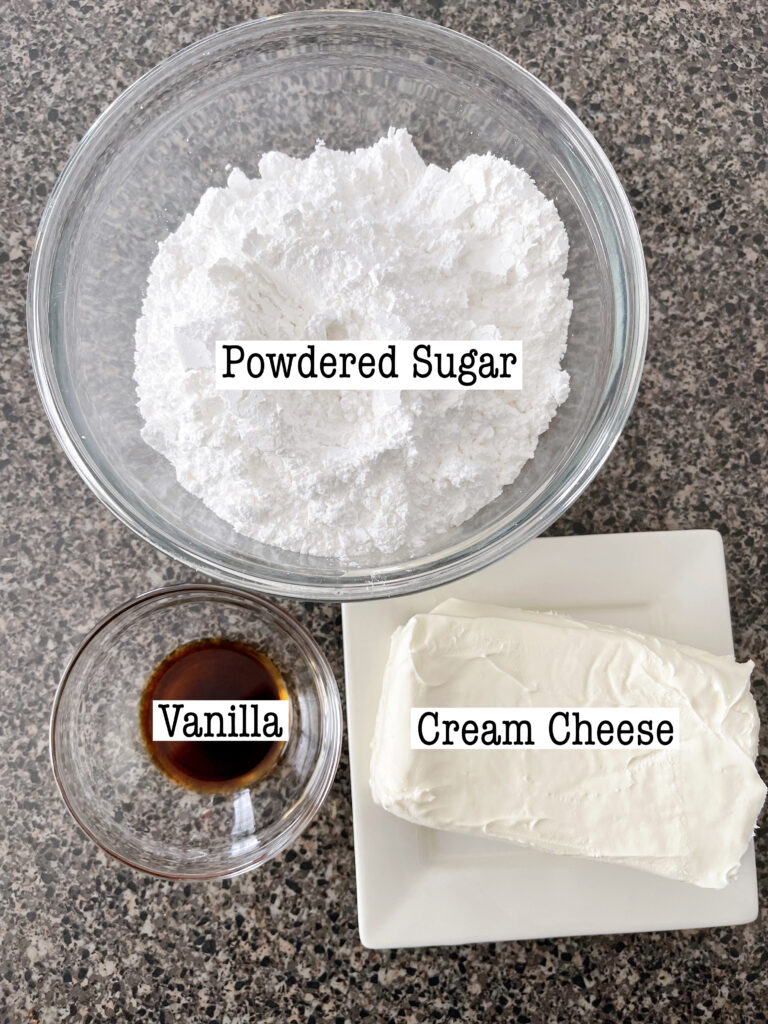 Ingredients to make sweet cream cheese filling for copycat Disney cream cheese pretzels.