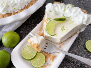 A slice of no bake Key Lime Pie made with Eagle Brand sweetened condensed milk.