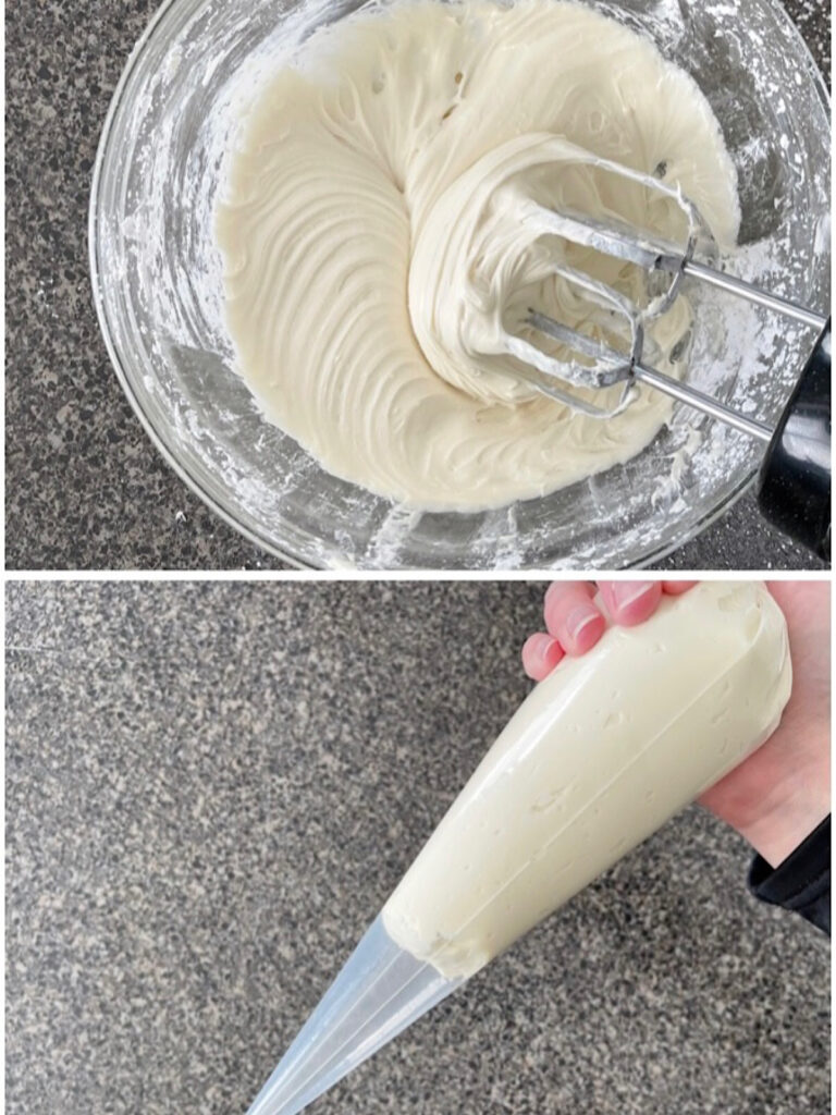Pictures showing how to make sweet cream cheese filling for Disney cream cheese pretzels.