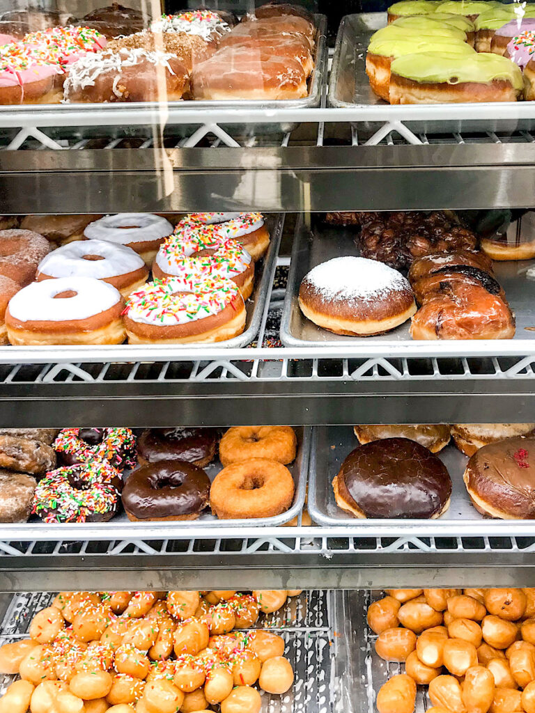 Donut case in Glee's Donuts & Burgers in Anaheim.