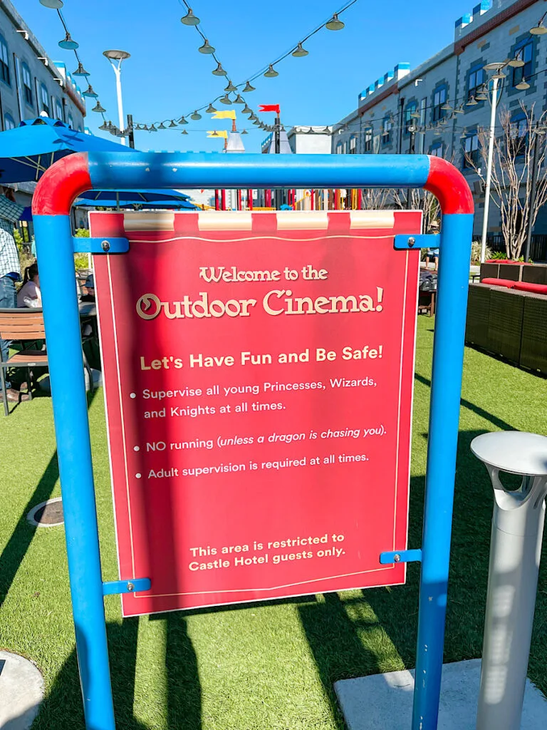Sign for the Outdoor Cinema at the Legoland Castle Hotel.