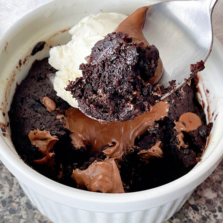 A chocolate mug cake made without eggs and topped with Nutella and vanilla ice cream.