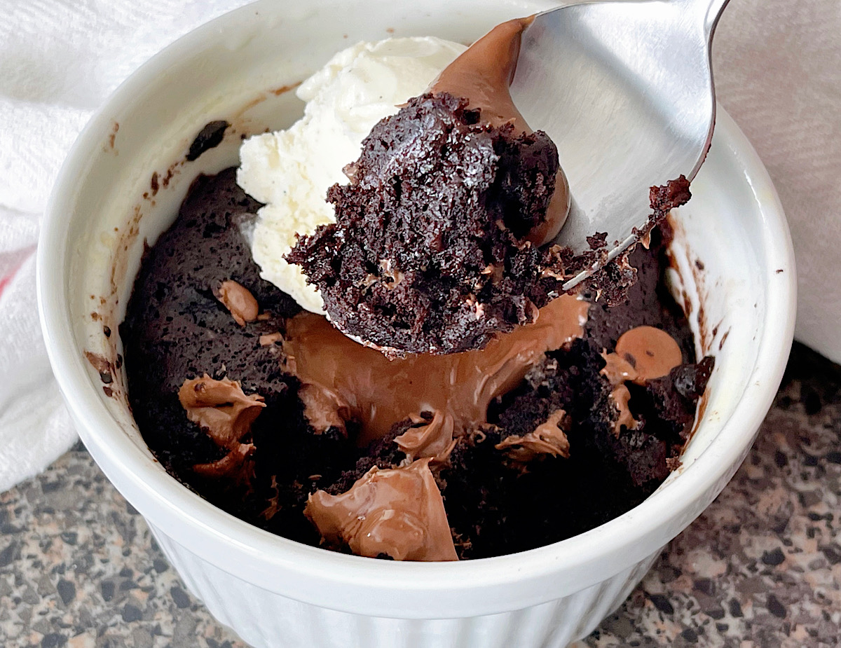 A chocolate mug cake made without eggs and topped with Nutella and vanilla ice cream.