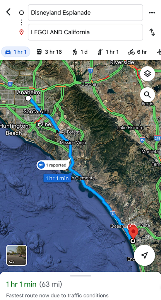 A map showing the distance from Disneyland to Legoland California.