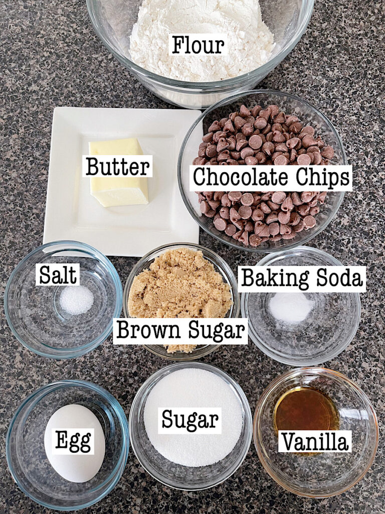 Ingredients for one dozen chocolate chip cookies.