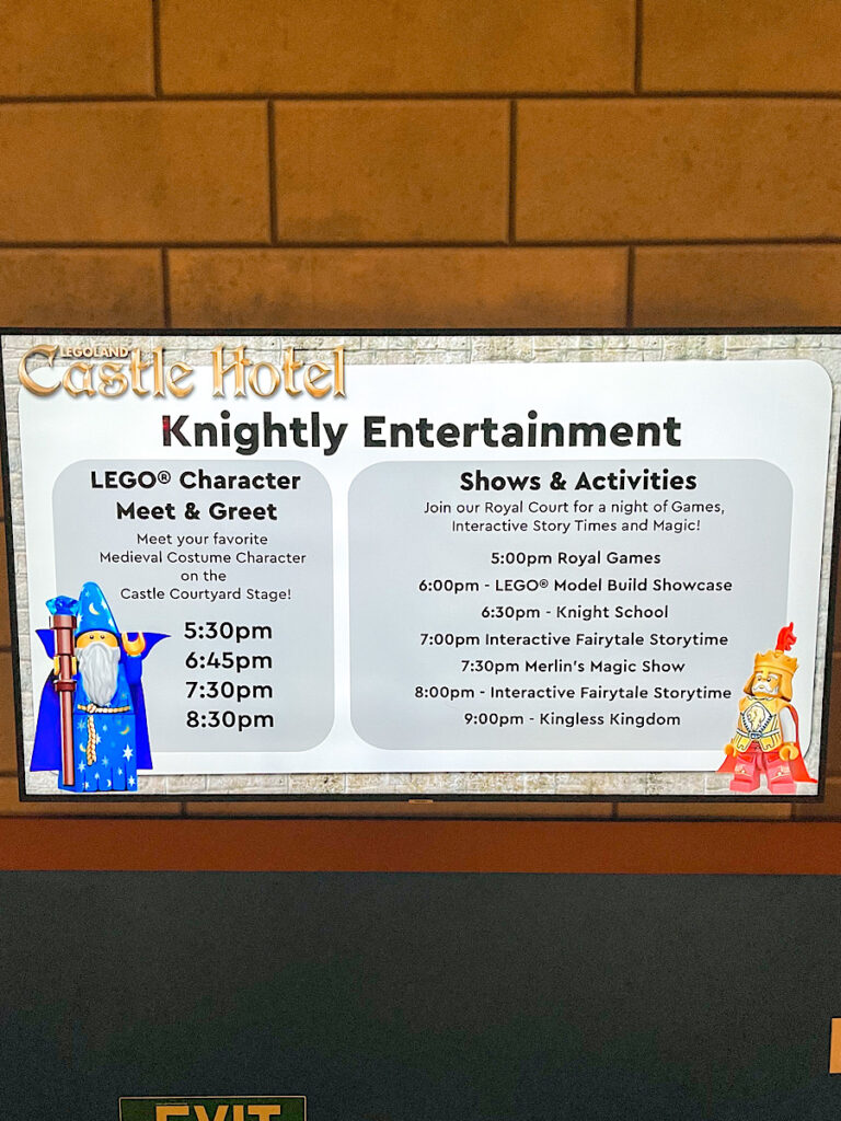 Entertainment schedule at the LEGOLAND Castle Hotel.