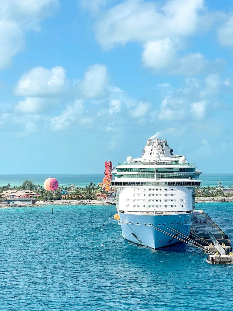 A cruise ship at Royal Caribbeans Perfect Day at Coco Cay island in the Bahamas.