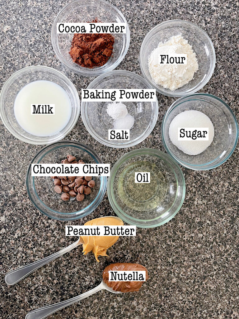 Ingredients for a no egg chocolate mug cake.