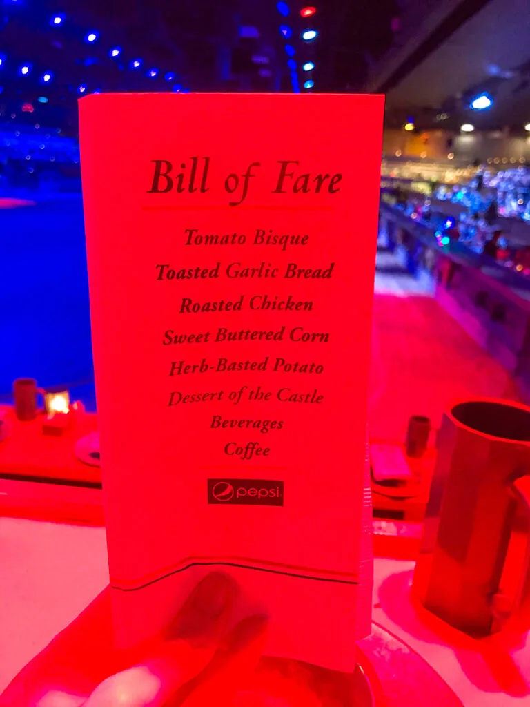 Menu for Medieval Times in Buena Park.