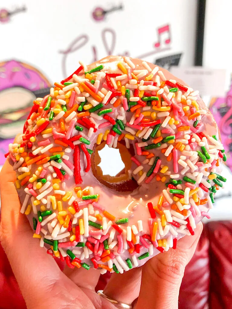 A donut with sprinkles from Glee Donuts & Burgers in Anaheim.