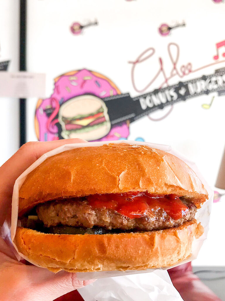 A kids hamburger from Glee's Donuts & Burgers in Anaheim, California.