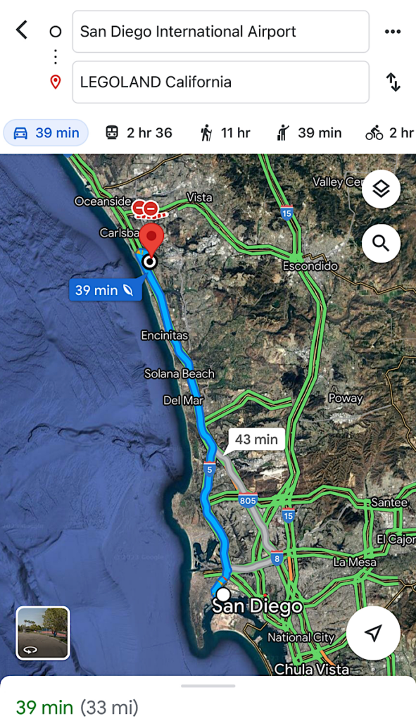 A map showing the distance between Legoland California and downtown San Diego.