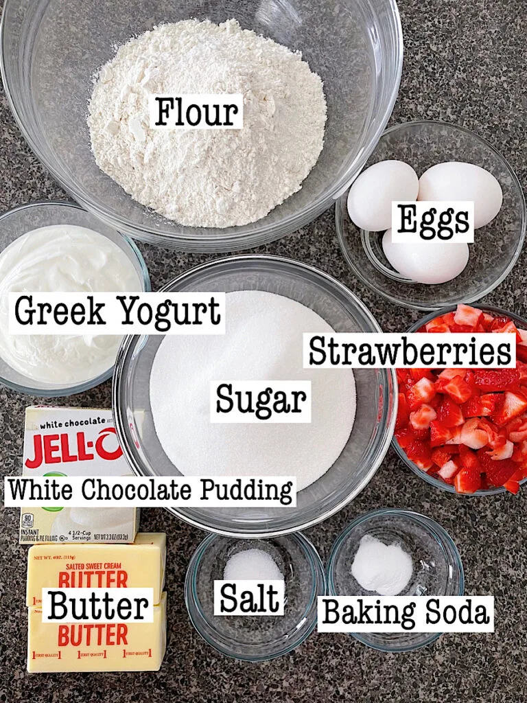 Ingredients to make a strawberry bundt cake.