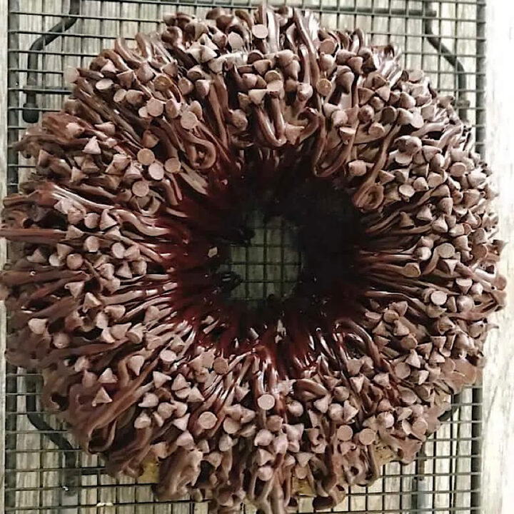 A chocolate bundt cake covered in chocolate chips on a cooling rack.