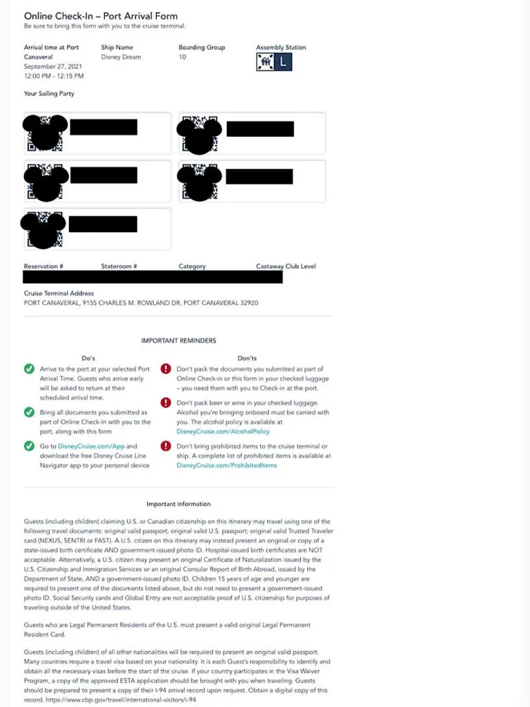 Port Arrival Form for a Disney Cruise.