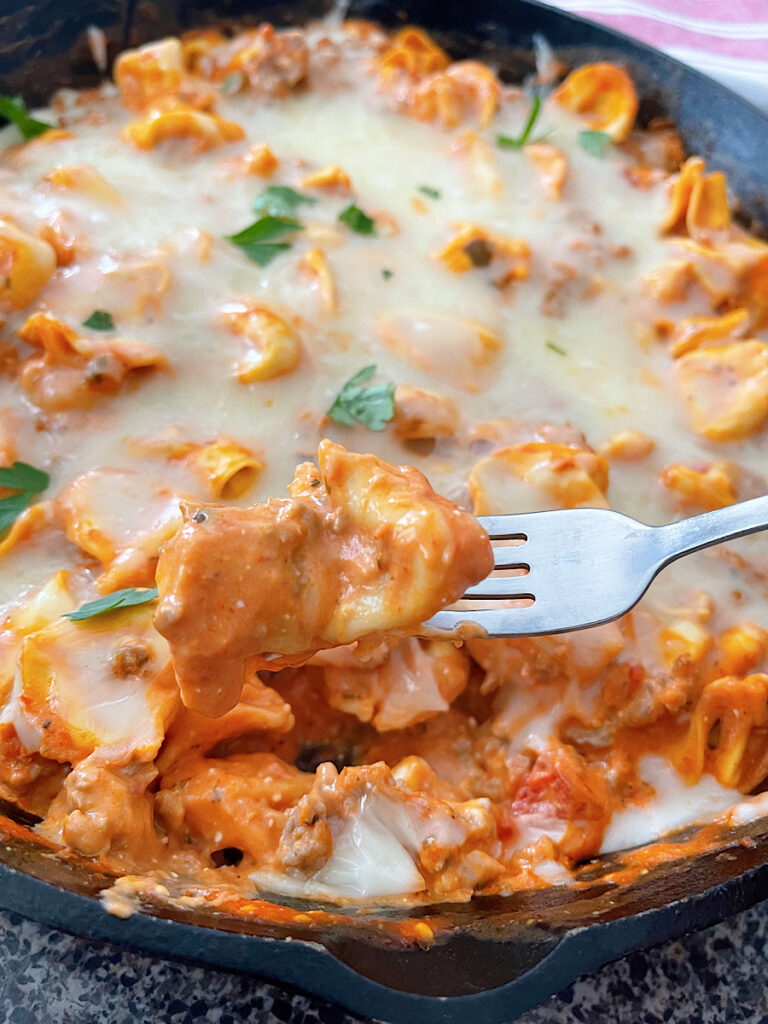 Easy Tortellini bake on a fork.