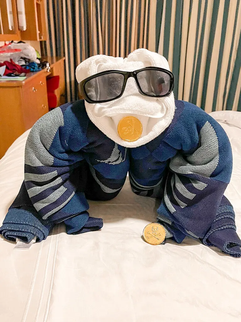 A towel animal in a Disney cruise stateroom.