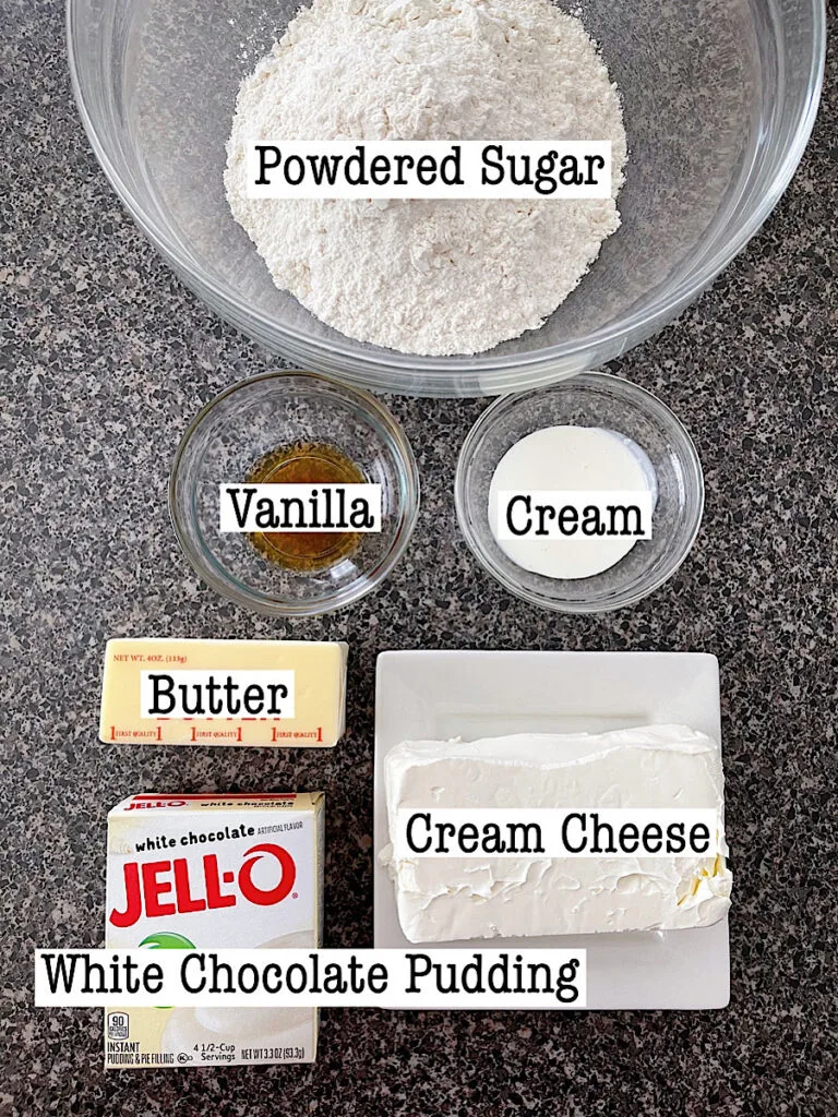 Ingredients to make white chocolate frosting.