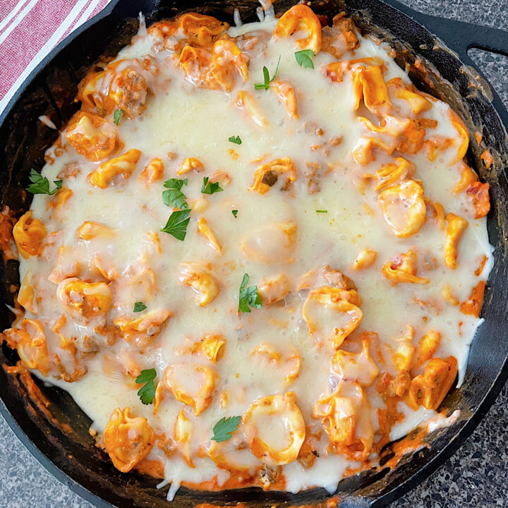 An easy tortellini bake in a cast iron skillet.