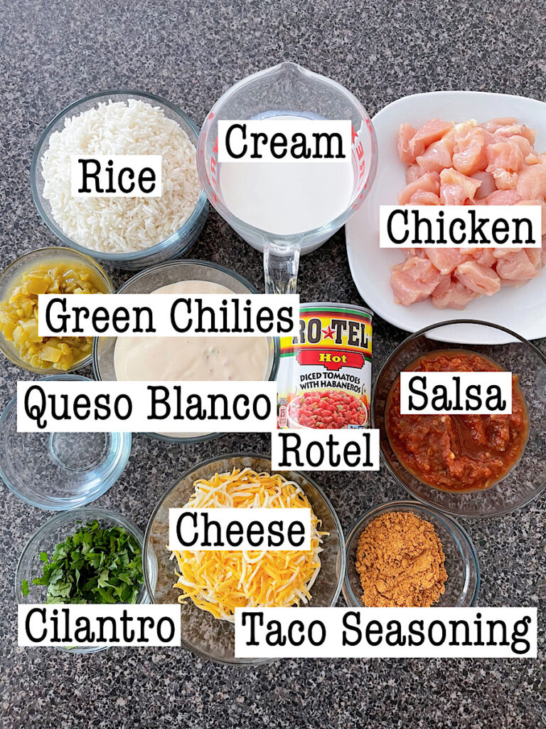 Ingredients for a spicy Mexican chicken casserole.